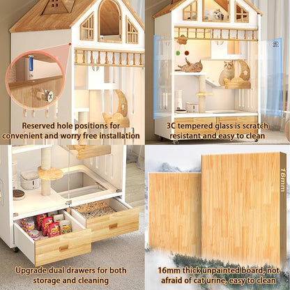 Enclosed Cat Condo, Large Wooden Cats House Indoor Cage Cat Enclosure on Wheels, Multi-Feature Enclosed Condo with Litter Box Drawer for Indoor Cats,63" X 35" X 24" (White, 63" X 35" X 24")