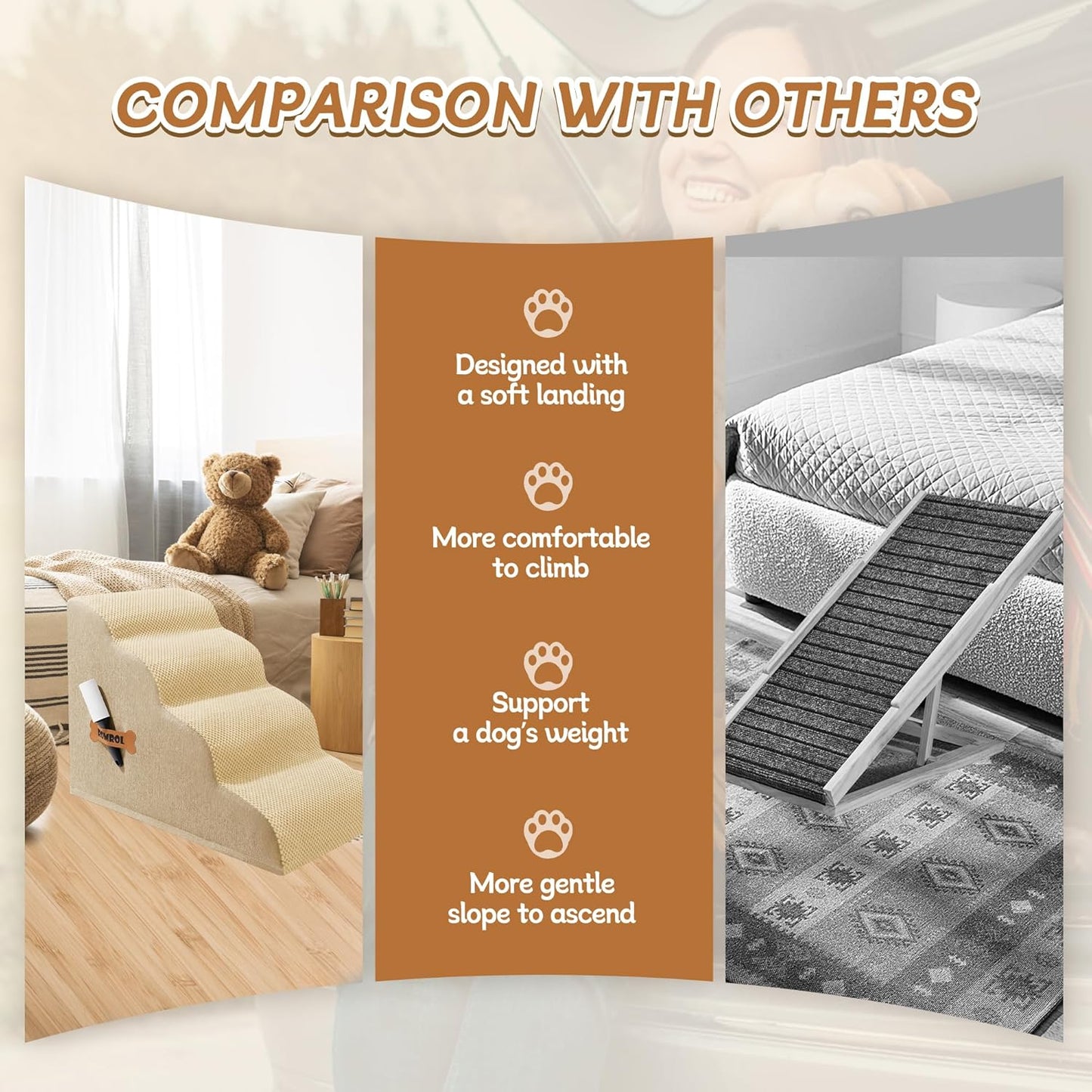 Dog Stairs, Romrol Dog Steps Ramp for High Bed and Couch, Dogs Ramp with Durable Non-Slip Waterproof Fabric Cover, Pet Stairs for Small Dogs and Cats or Pets Joints, 4-TiersBeige - Pawvie