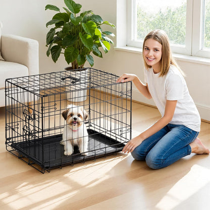 DUMOS Dog Crate, 30 Inch Medium Single Door Dog Cage with Divider Panel and Plastic Leak-Proof Pan Tray, Folding Metal Wire Pet Kennel for Indoor, Outdoor, Travel