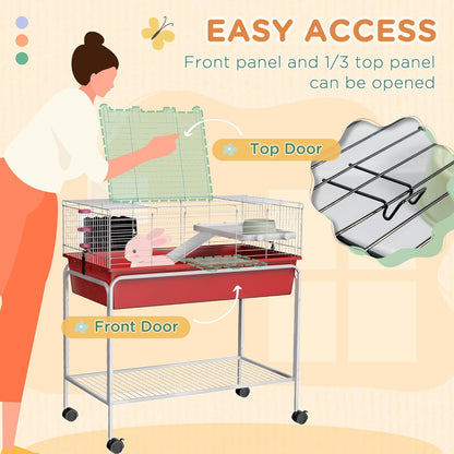 PawHut Two-Story Small Animal Cage Removable from Stand, Guinea Pig Cage with Shelf & Wheels, Pet Habitat for Hedgehog, Chinchilla, Ferret, 33" x 18.5" x 35", Red