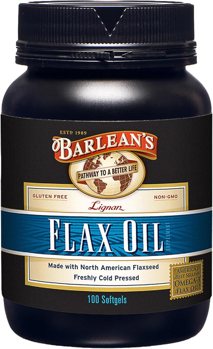 Barlean's Omega 3 6 9 Lignan Flaxseed Oil Supplements, Cold-Pressed Flax Seed Supplement Softgels with 1550 mg ALA Fatty Acids, 100 Count
