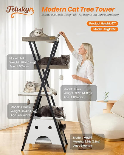 Modern Wood Cat Tree Tower for Indoor Cats Large Adult - 67 Inch Tall Multi-Level Heavy Duty Cat Condo Trees Furniture with Caves Perch Bed Scratching Board - XL Big Sturdy Wooden Kitty House
