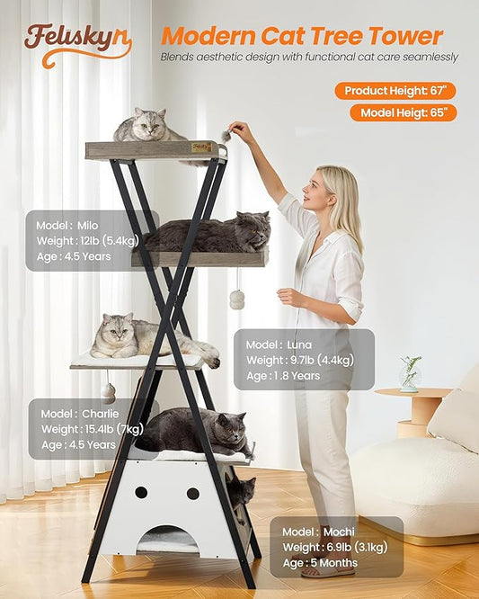 Modern Wood Cat Tree Tower for Indoor Cats Large Adult - 67 Inch Tall Multi-Level Heavy Duty Cat Condo Trees Furniture with Caves Perch Bed Scratching Board - XL Big Sturdy Wooden Kitty House
