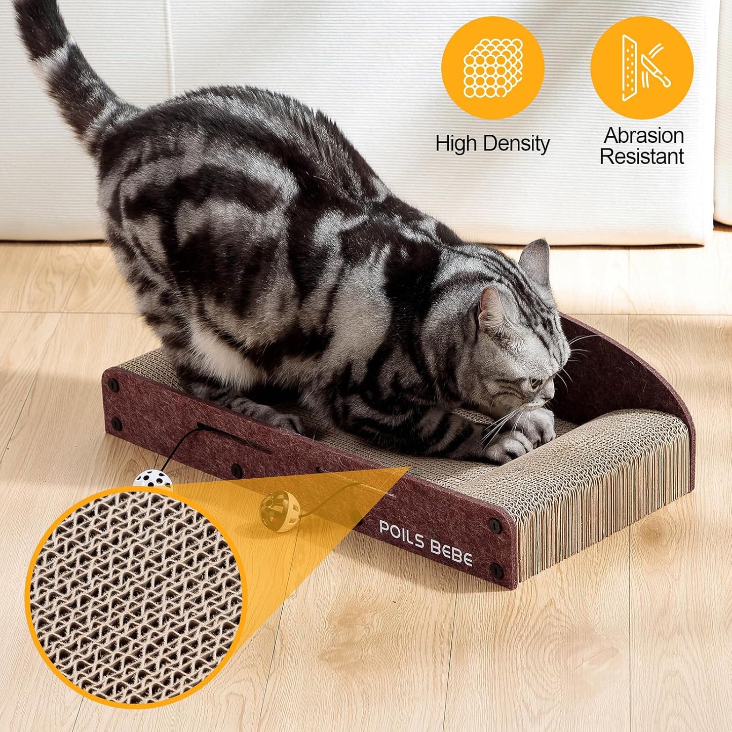 Poils Bebe 21 Inch Sofa Cat Scratcher, Small Cat Scratcher Cardboard with Bell Balls, Durable Couch Lounger for Indoor Cats, Cat Scratch Furniture Protector with Catnip, Cat Toys