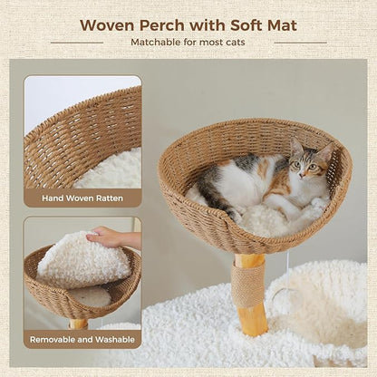 PEQULTI 48.5'' Modern Cat Tree for Large Indoor Cats Solid Wood Cat Tower with Luxury Cat Condo, Cozy Hammock, Scratching Post, Rattan Perch and Flower Cat Bed, White