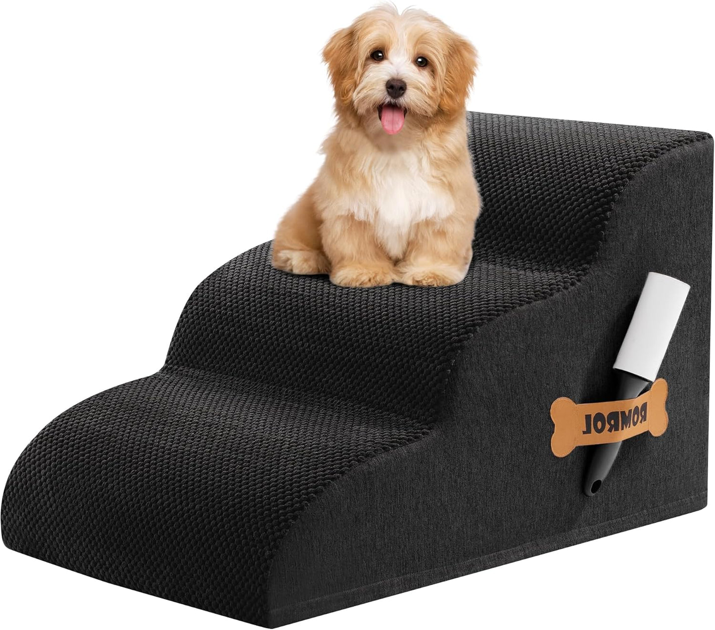 Romrol Dog Stairs Ramp for Beds Couches, Extra Wide Pet Steps with Durable Non-Slip Waterproof Fabric Cover, Dog Slope Stairs for Small Dogs and Cats or Pets Friendly, 3-Tiers, 13 Inch,Black - Pawvie