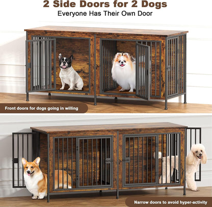 EasyCom 63" Dog Cage Furniture for 2 Pets with Divider, XL Wooden Double Dog Crate Furniture TV Stand for Mideum Breed, Durable and Sturdy