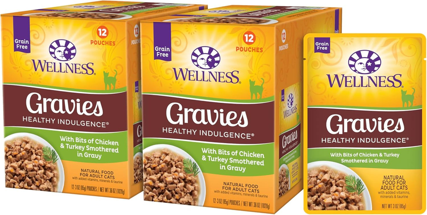 Wellness Healthly Indulgence Gravy Adult Wet Cat Food, Natural, Protein-Rich, Grain Free, 3 Ounce Pouch, 24 Pack, (Chicken & Turkey)
