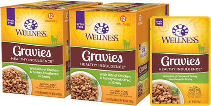 Wellness Healthly Indulgence Gravy Adult Wet Cat Food, Natural, Protein-Rich, Grain Free, 3 Ounce Pouch, 24 Pack, (Chicken & Turkey)