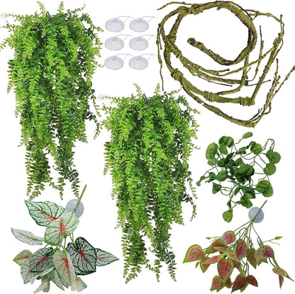 Reptile Plants for Bearded Dragon Tank Accessories, Terrarium Plant Artificial Decor for Snake Cage, Fake Plant for Leopard Gecko Habitat, Lizard Chameleon Ball Pythons (Group BN)