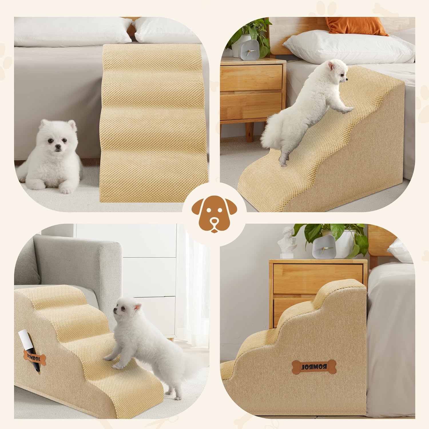 Dog Stairs, Romrol Dog Steps Ramp for High Bed and Couch, Dogs Ramp with Durable Non-Slip Waterproof Fabric Cover, Pet Stairs for Small Dogs and Cats or Pets Joints, 4-TiersBeige - Pawvie