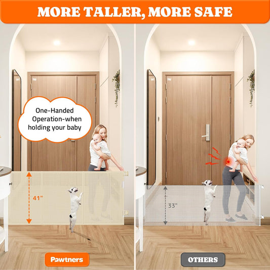Upgrade 200" Retractable Baby Gates Extra Wide with Reinforced Strips, Mesh Retractable Dog Gate for Garage, 41" Tall Retractable Gate Indoor Outdoor for Pet and Baby-Beige
