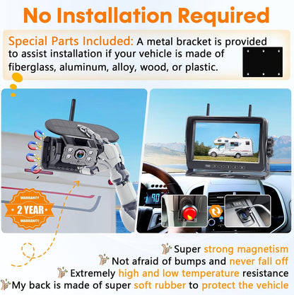 Wireless Backup Camera for RV Install-Free 7-Inch: Magnetic HD 1080P Recording Solar Rear View Camera No-Delay Signal with Touch Button Monitor System Y08