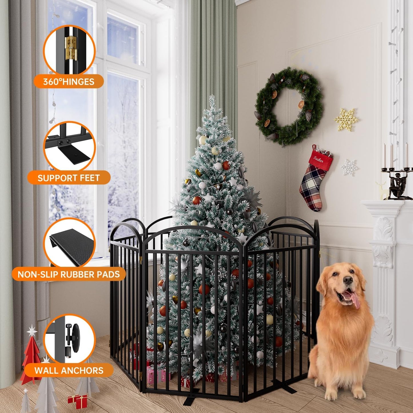 8 Panles Full Matel Freestanding Dog Gates with Door, 192"Extra Wide 36"Tall Free Standing Dog Pet Gate for Indoor & Outdoor. Foldable Pet Fences for Doorways, House, Stairs, Porch, Deck, Yard