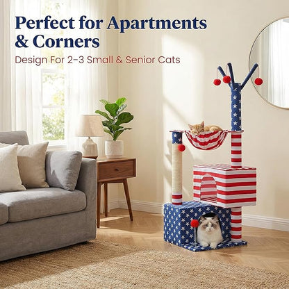 American Flag Cat Tree for Kittens & Senior Cats, 45” Stable Cat Tower Corner Fit, Patriotic Star & Stripes Cat House for Small Spaces with 2 Condos, Hammock & Reinforced Scratching Posts