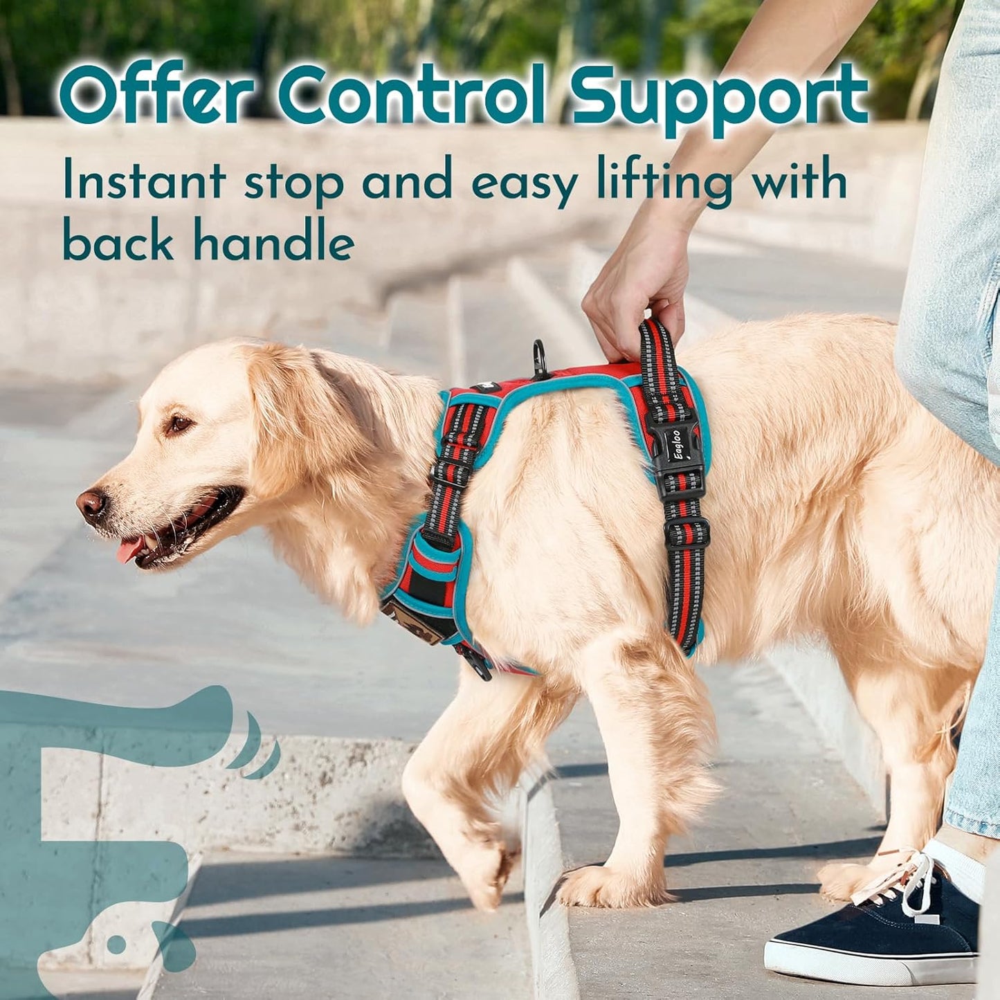 Eagloo Dog Harness for Large Dogs, Easy Wearing with 3 Buckles, Adjustable No Pull Pet Harness with 2 Rings for Walking, No Chock Reflective Soft Padded Vest with Control Handle, Red & Teal, L