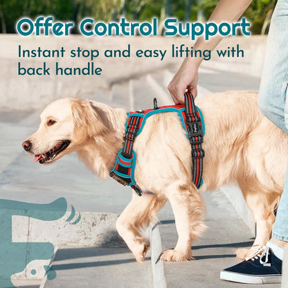 Eagloo Dog Harness Small Sized, Easy Wearing with 3 Buckles, Adjustable No Pull Pet Harness with 2 Rings for Walking, No Chock Reflective Soft Padded Vest with Control Handle, Red & Teal, S