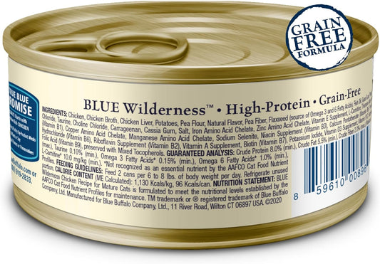 Blue Buffalo Wilderness High-Protein & Grain-Free Wet Cat Food Paté for Adult Cats 7+, Made with Natural Ingredients, Chicken Recipe, 3-oz. Cans (24 Count)