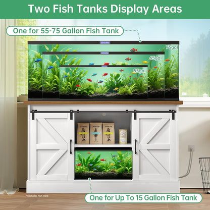 Fish Tank Stand Up to 75 Gallon, Aquarium Stand with Sliding Barn Doors & Power Outlet, White Farmhouse Style Stand with Cabinet Storage for Fish Tank, Turtle Tank, Reptile Terrarium,1000LBS Capacity