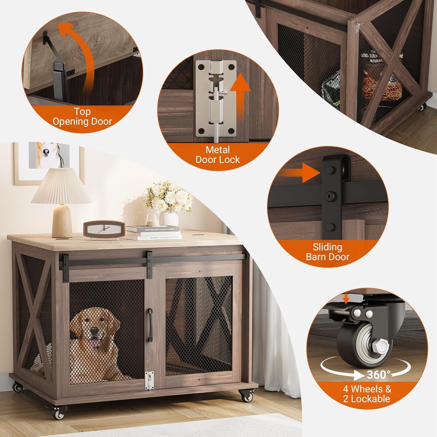Dog Crate Furniture,37 Inch Indoor Dog Cage with Sliding Barn Door, Flip Top Dog Kennel End Table with Removable Divider, Farmhouse Wooden Pet House for Small to Middle Size Dogs