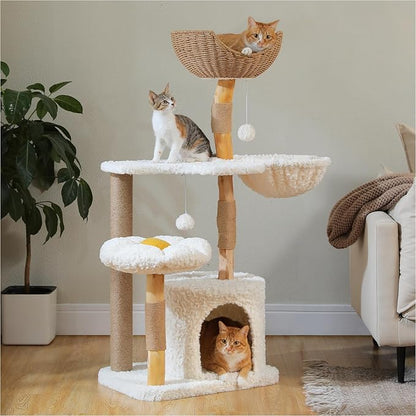 PEQULTI 48.5'' Modern Cat Tree for Large Indoor Cats Solid Wood Cat Tower with Luxury Cat Condo, Cozy Hammock, Scratching Post, Rattan Perch and Flower Cat Bed, White