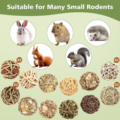 Bunny Chew Grass Balls, Rolling Chew Toys for Small Animals, Improving Dental Health, Natural Chew Grass Toys for Rabbits, Guinea Pigs, Chinchillas, Hamsters, Mice (16 Pcs)