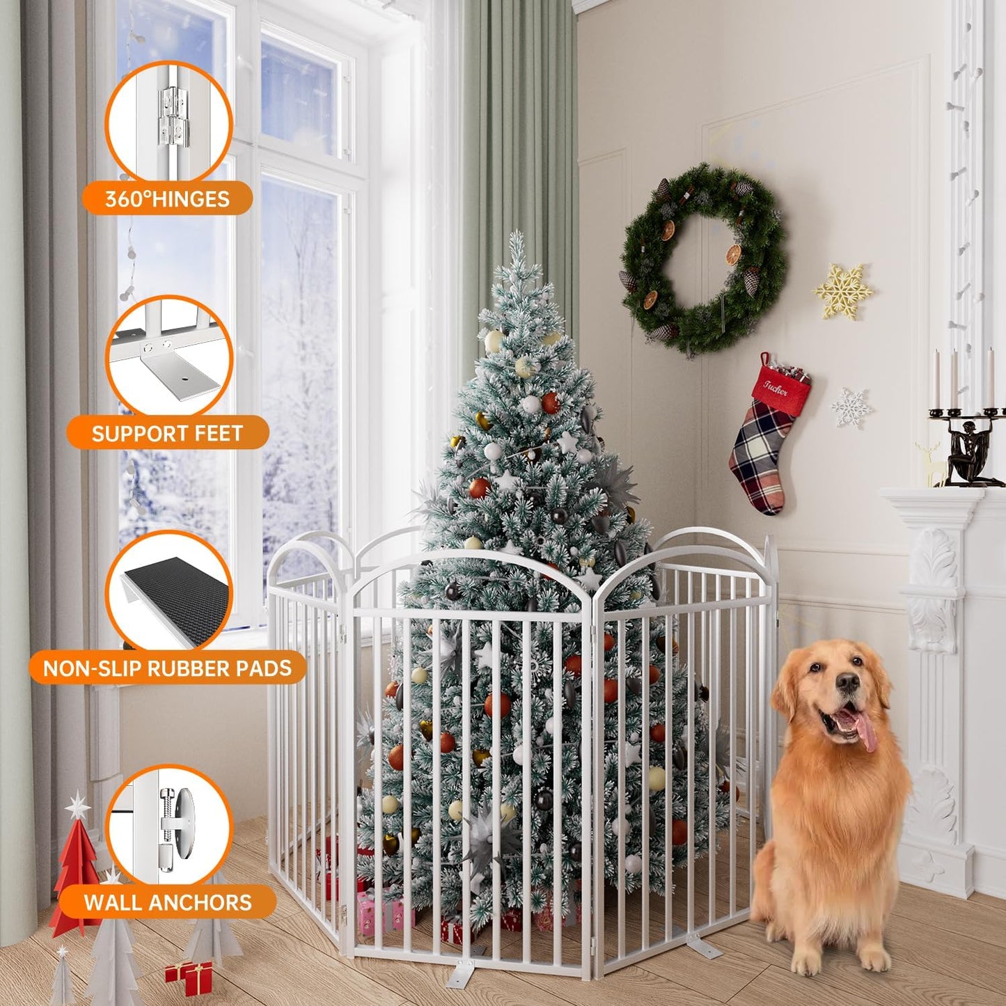 8 Panles Full Matel Freestanding Dog Gates with Door, 192"Extra Wide 36"Tall Free Standing Dog Pet Gate for Indoor & Outdoor. Foldable Pet Fences for Doorways, House, Stairs, Porch, Deck, Yard