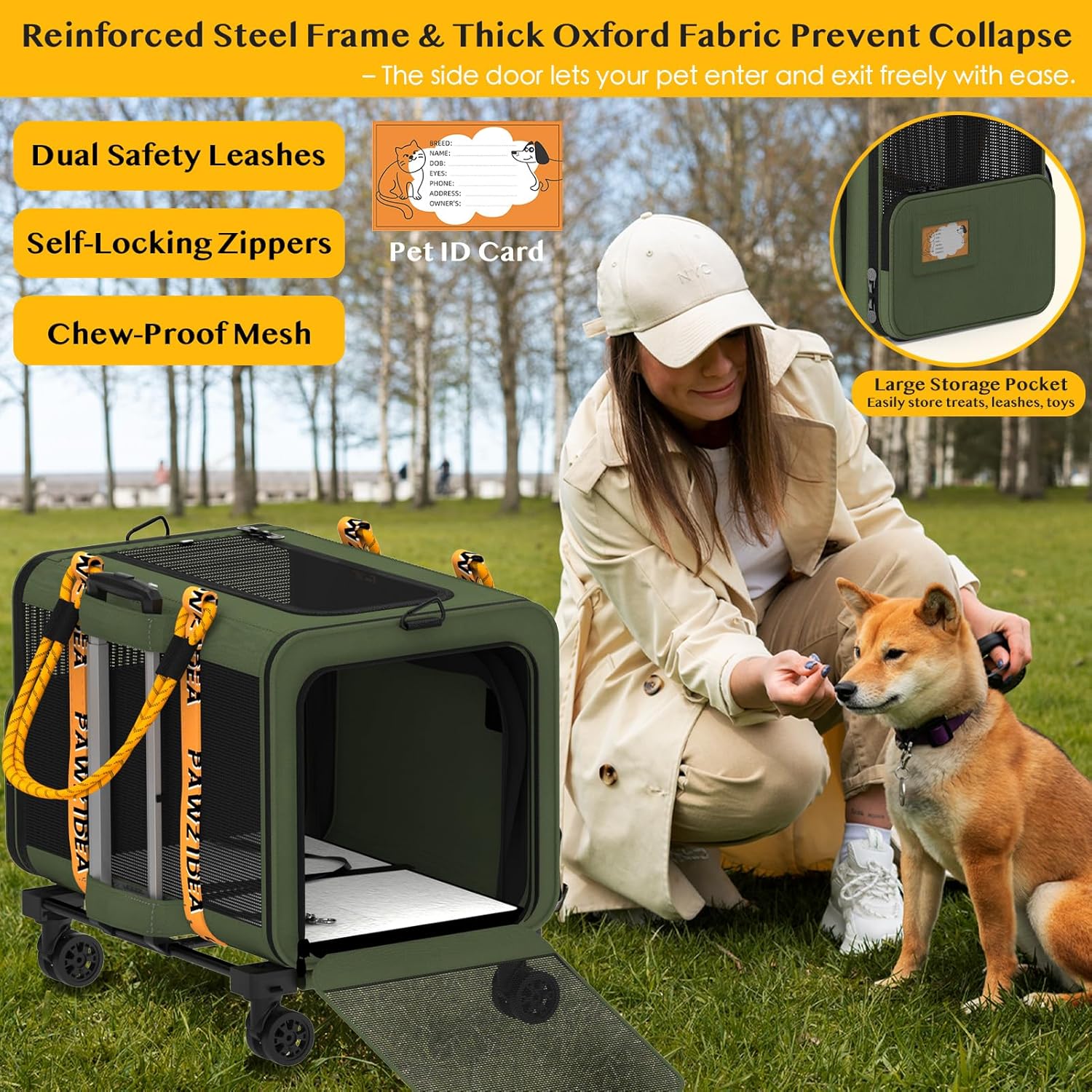 PAWZIDEA Expandable Pet Carrier with Wheels, 24x16x16in Large Cat Carrier for 2 Cats, Soft-Sided Dog Carriers for Small Medium Dog, Collapsible Rolling Travel Bag w/Telescopic Handle, XL Stroage Bag - Pawvie