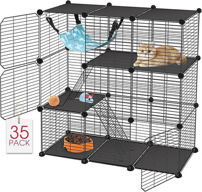 Cat Cage, 3-Tier DIY Catio Cat Enclosures, 36" x 16" x 36" Cat Playpen Indoor & Outdoor with Hammock, Detachable Metal Wire Kennel Cats Crate, 3x1x3 Exercise Place for 1-2 Kitten/Squirrel