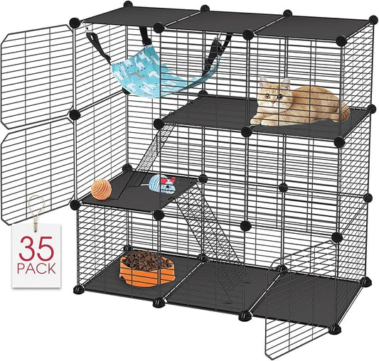 Cat Cage, 3-Tier DIY Catio Cat Enclosures, 36" x 16" x 36" Cat Playpen Indoor & Outdoor with Hammock, Detachable Metal Wire Kennel Cats Crate, 3x1x3 Exercise Place for 1-2 Kitten/Squirrel