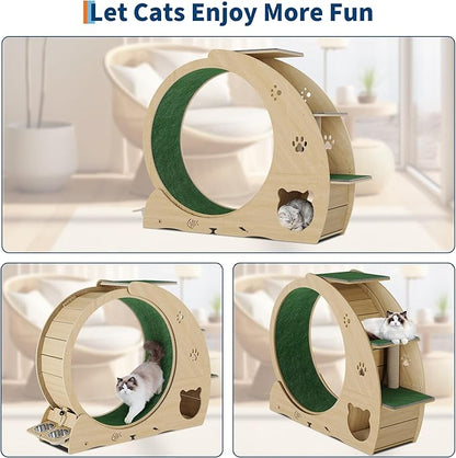 55" Multi-Cat Exercise Wheel with 3-Level Jumper & Scratching Pad - Silent TPE Spinner Activity Center with Rest Area to Prevent Boredom and Obesity in Indoor Cats