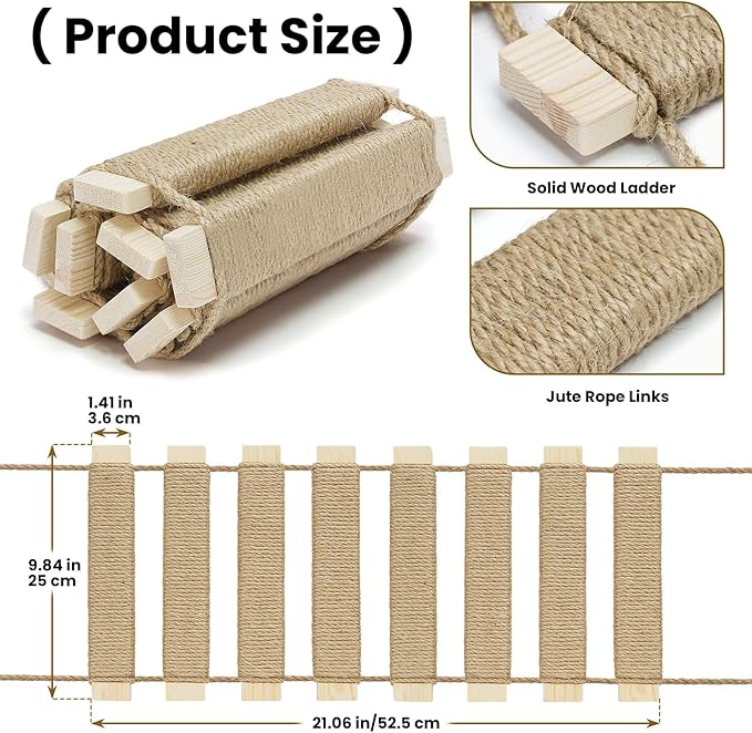 20in Cat Ladder & Bridge, Outdoor Cat Tree with Jute Rope, Multi-Level Climbing Frame & Scratcher for Indoor/Outdoor Cats (Wood Tone, 20in)