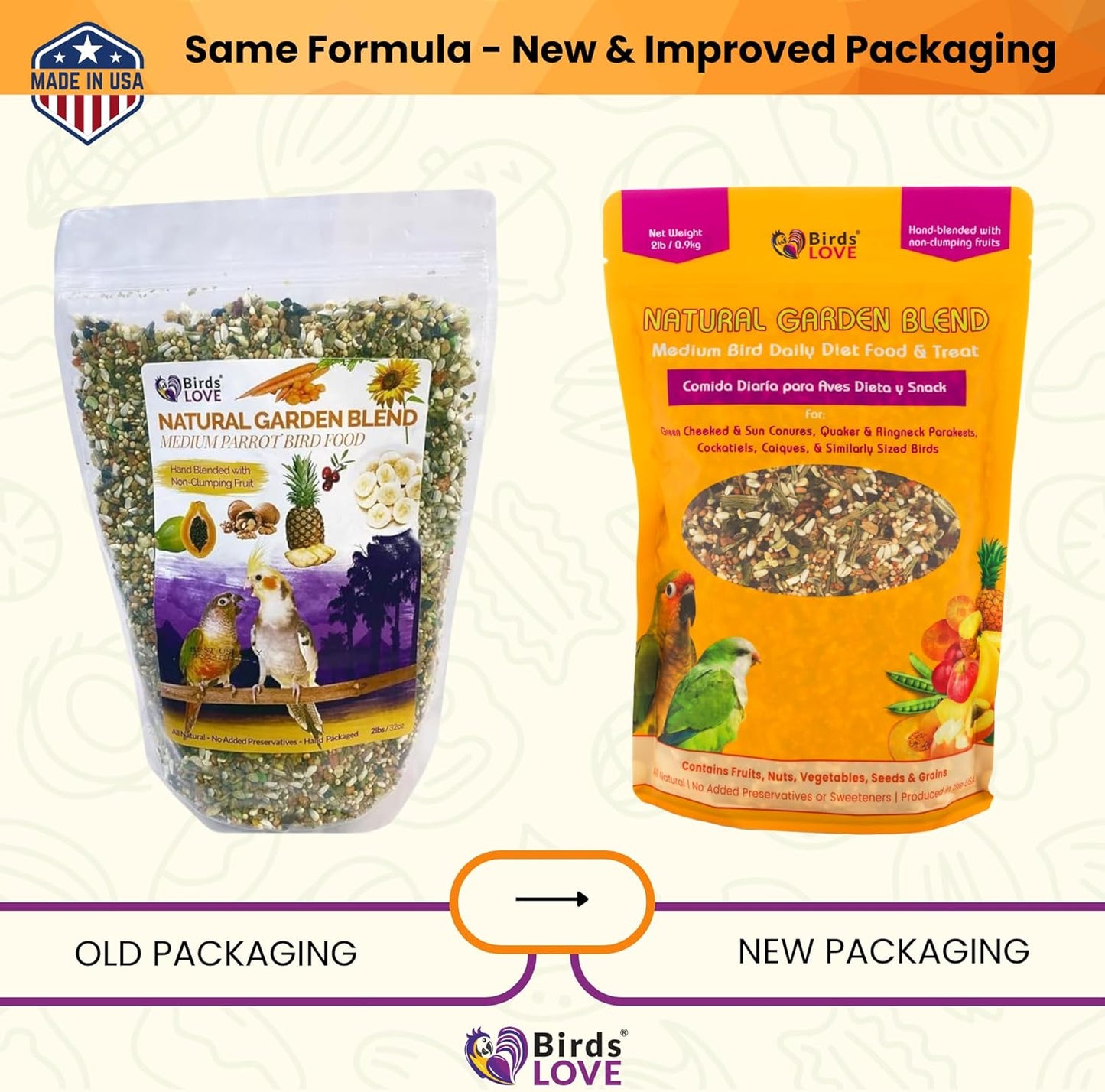 Birds LOVE All Natural Garden Blend Bird Food for Medium Birds - Cockatiels, Green Cheek Conures, Ringneck Parakeets and Small Quakers 2lb