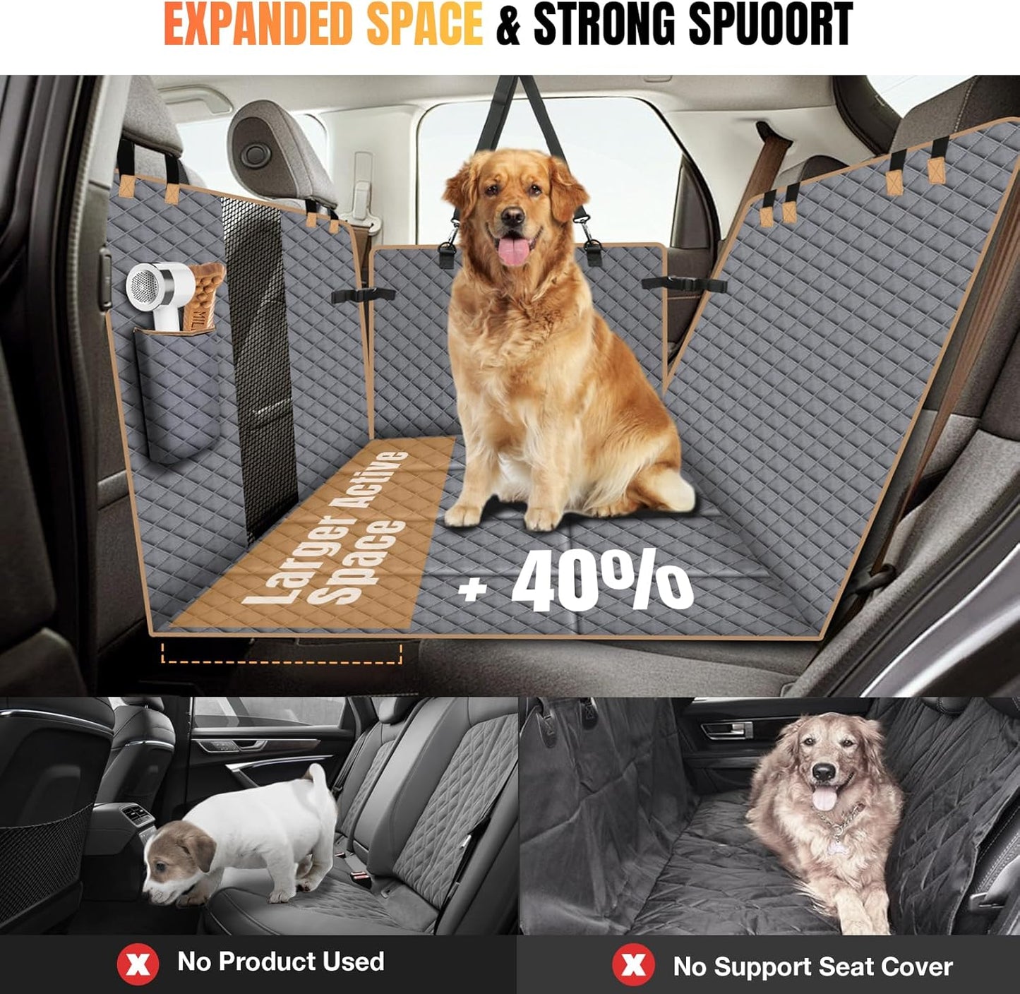 Dog Car Seat Cover for Back Seat, Dog Car Bed Cover with Strong Hard Bottom, Back Seat Extender Hammock for SUV Truck,4 Panels Gray Color - Pawvie