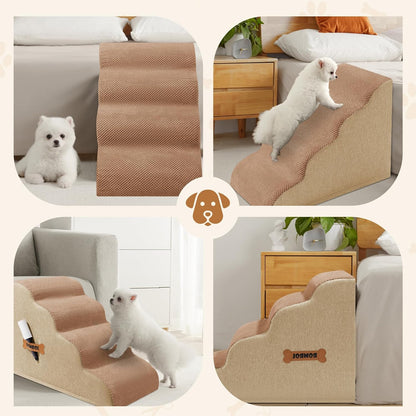 Dog Stairs, Romrol Dog Steps Ramp for High Bed and Couch, Dogs Ramp with Durable Non-Slip Waterproof Fabric Cover, Pet Stairs for Small Dogs and Cats or Pets Joints, 4-TiersLight Brown - Pawvie