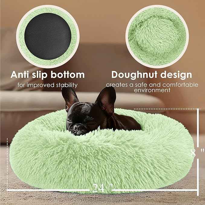 Dogs Bed for Small Dogs, Anti-Anxiety Washable Round Bed (Green, 24.0" L x 24.0" W x 8.0" Th)