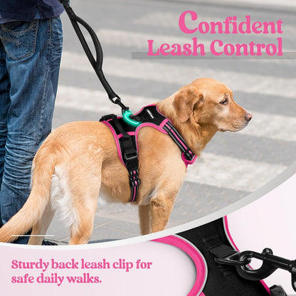 rabbitgoo Dog Harness No Pull with 2 Leash Clips, Adjustable Soft Padded, Reflective Oxford No Choke Pet Vest with Easy Control Handle for Large Dogs, Black & Hot Pink, L