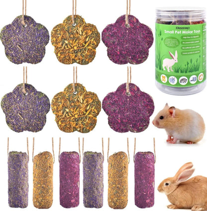 Bissap 12PCS Rabbit Chew Sticks, Hanging Chew Sticks & Cakes Timothy Hay Carrot Strawberry Treat for Bunny Chinchilla Guinea Pig Hamster and Other Small Pets Molar Snack Toy