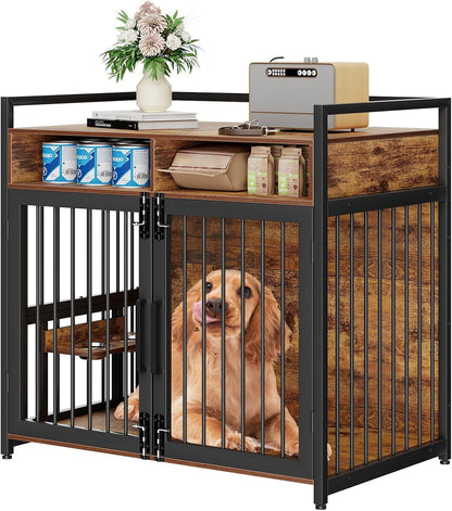 Large Dog Crate Furniture, 48 Inch Wooden Dog Crate, Heavy Duty Dogs Kennel with 2 Drawers Storage, 360° Adjustable Raised Feeder, Indoor Dogs House End Table