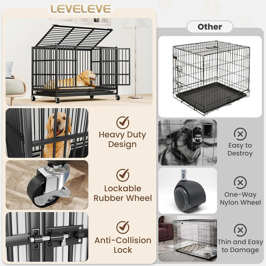 LEVELEVE 48 Inch Heavy Duty Indestructible Dog Crates for Large Dogs，Escape Proof Dog Cage Large Dogs with Lockable Wheels，Dog Kennel Furniture Indoor&Outside
