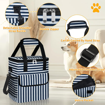 Dog Travel Bag for Camping - Pet Travel Accessories with 2 Collapsible Bowls, 2 Food Containers & Waterproof Feeding Mat - Portable Dog Carrier, Stripe (Small) - Pawvie