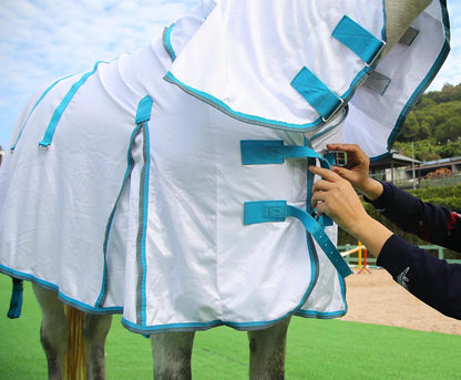 Horse Fly Sheet with Detachable Neck Cover & Belly Wrap, Adjustable Fly Sheet for Horses, Ventilated Airflow Mesh Equine Cooling Summer Flysheet White 81