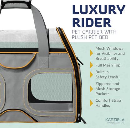 Katziela Rolling Pet Carrier - Airline Compliant with Removable Wheels - TSA Approved for Small Dogs and Cats - Soft FAA Travel Airplane Underseat Wheeled Luggage
