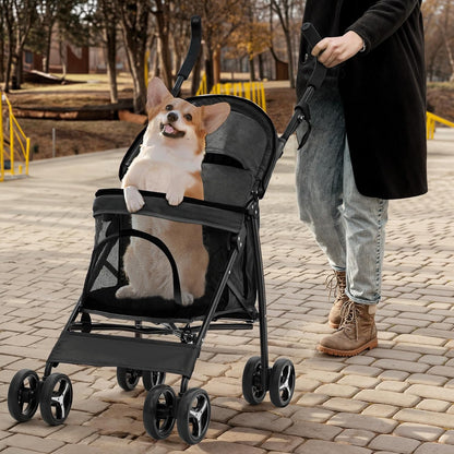 MoNiBloom 4 Wheels Pet Stroller, Easy-Fold Puppy Cage Jogger Stroller with Sun Cover, Pad and Rear Storage Bag, Breathable and Visible Mesh for Small/Medium Pets up to 22 lbs, Black - Pawvie