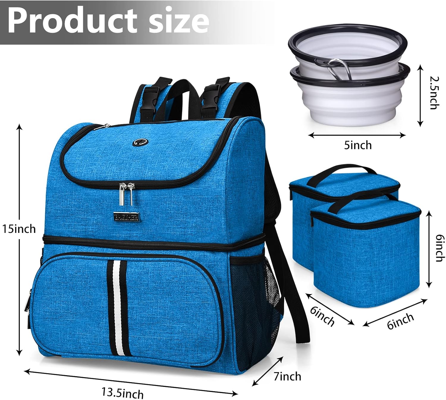BAGLHER Pet Travel Bag, Double-Layer Pet Supplies Backpack (for All Pet Travel Supplies), Pet Travel Backpack with 2 Silicone Collapsible Bowls and 2 Food Baskets Blue - Pawvie