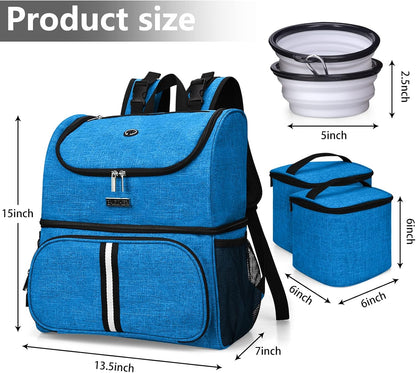 BAGLHER Pet Travel Bag, Double-Layer Pet Supplies Backpack (for All Pet Travel Supplies), Pet Travel Backpack with 2 Silicone Collapsible Bowls and 2 Food Baskets Blue - Pawvie