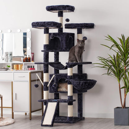 Hey-brother Cat Tree, 71 inches XL Large Cat Tower for Indoor Cats, Multi-Level Cat House with 3 Padded Perches, Big Scratcher, Cozy Basket, 2 Cat Condos and Scratching Posts, Smoky Gray MPJ034G