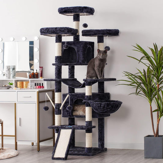 Hey-brother Cat Tree, 71 inches XL Large Cat Tower for Indoor Cats, Multi-Level Cat House with 3 Padded Perches, Big Scratcher, Cozy Basket, 2 Cat Condos and Scratching Posts, Smoky Gray MPJ034G