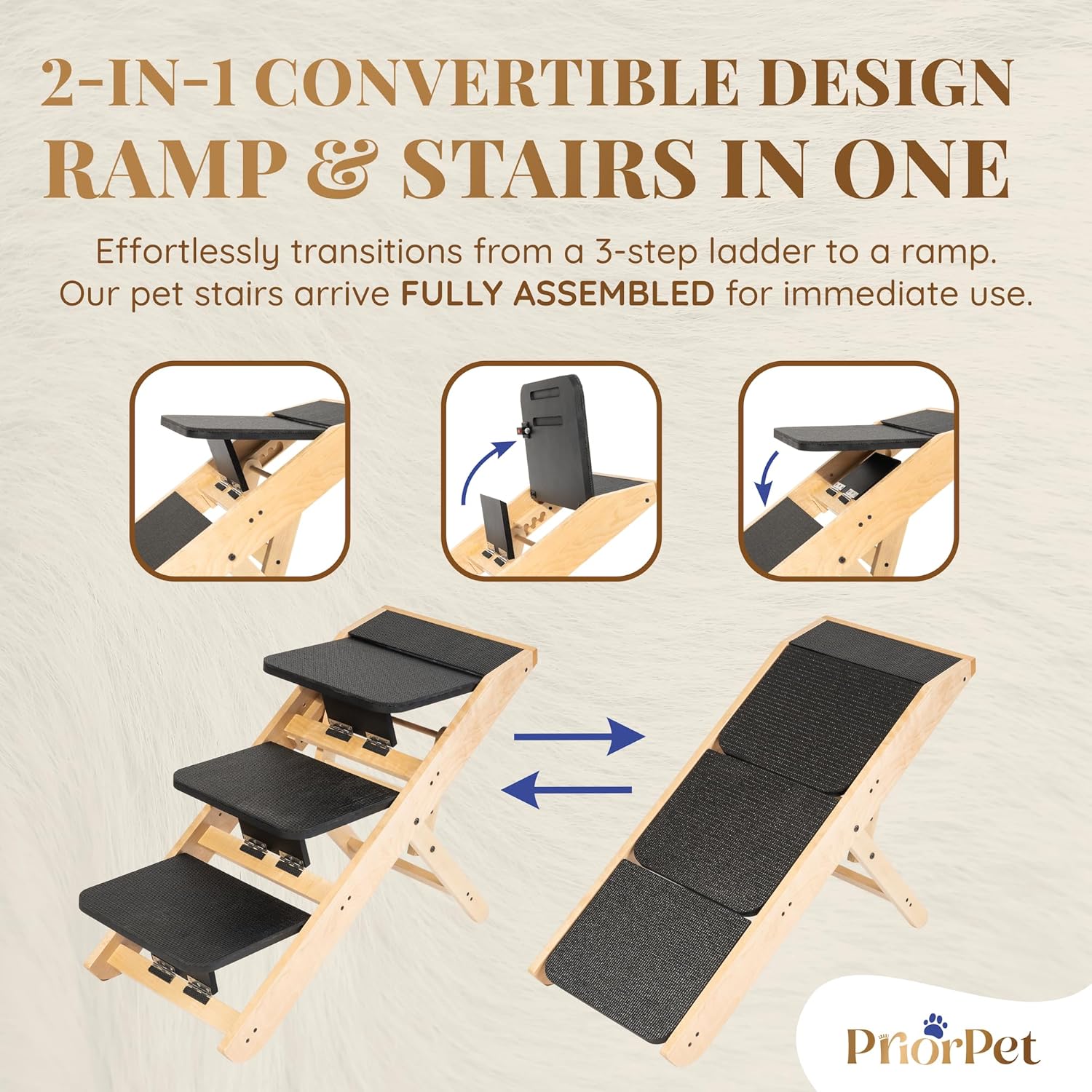 Dog Steps for Bed & Couch 2-in-1 Dog Stairs/Ramp - Height Adjustable Dog Ramp for Couch 7” - 20” - Pet Stairs, Dog Stairs for Small Dogs - Easy to Move Pet Steps with Landing Platform, Natural - Pawvie