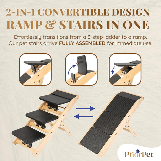 Dog Steps for Bed & Couch 2-in-1 Dog Stairs/Ramp - Height Adjustable Dog Ramp for Couch 7” - 20” - Pet Stairs, Dog Stairs for Small Dogs - Easy to Move Pet Steps with Landing Platform, Natural - Pawvie